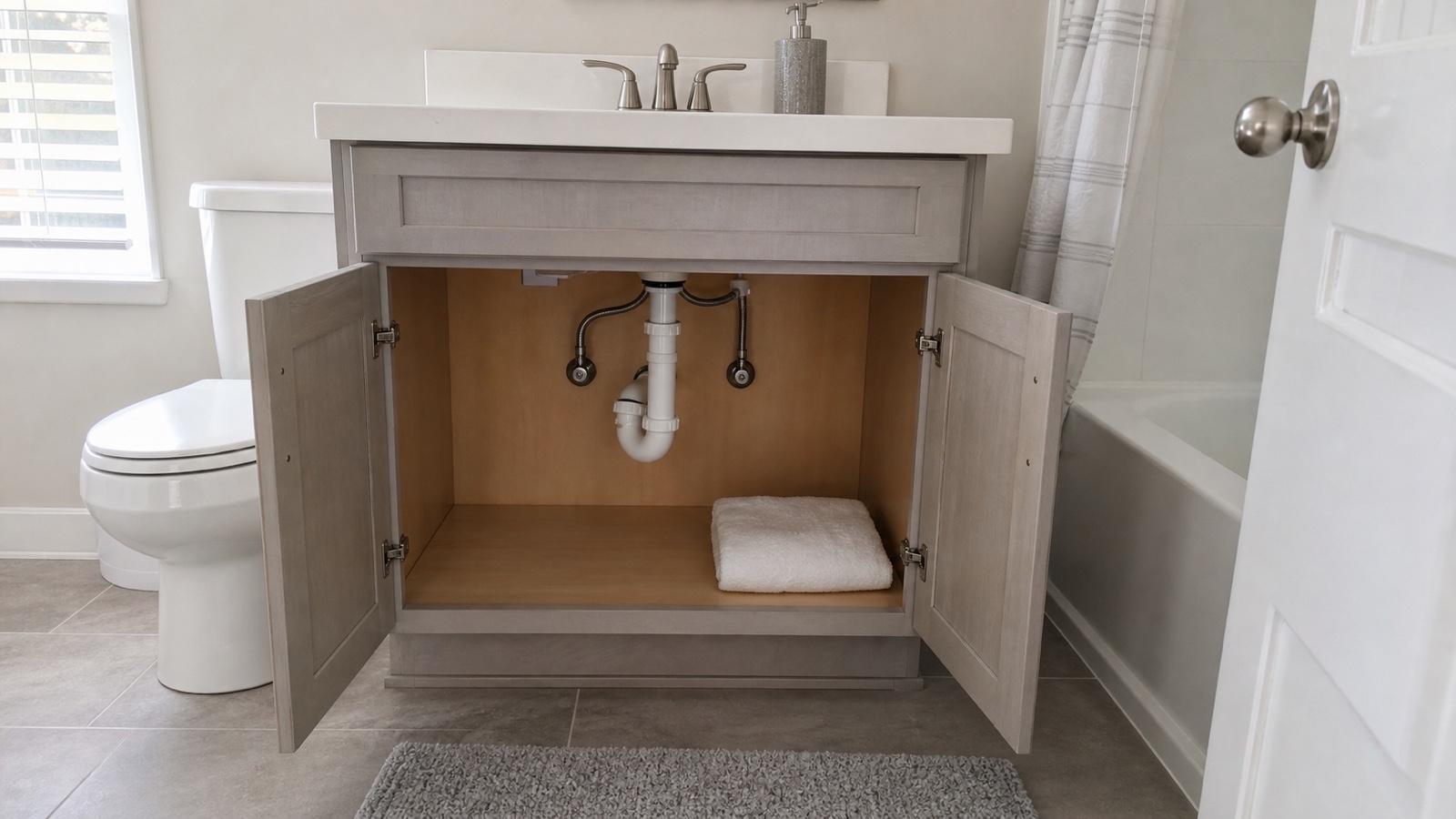 Open bathroom vanity cabinet with dry under-sink area after a maintenance repair.