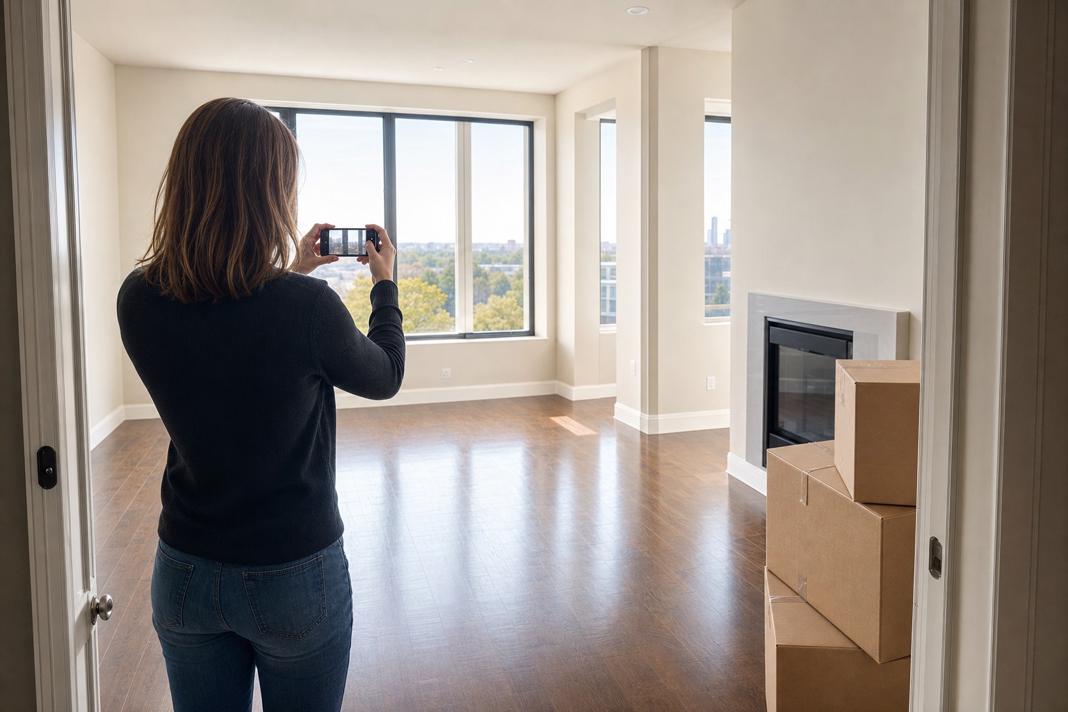 Luxury apartment move-in inspection scene with a person photographing an empty room before unpacking.